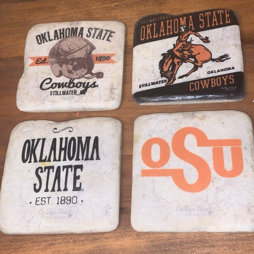 Set Of 4 OSU Oklahoma State Cowboys Stone Coasters Cork‎ Back College Vault